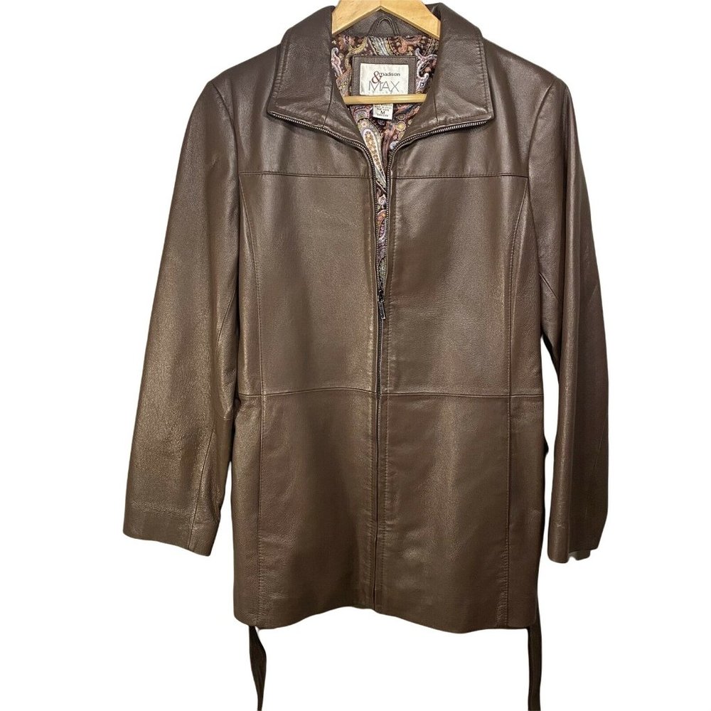 Max & Madison Women's Brown Leather Jacket w/ full Paisley Lining, Sz M, EUC